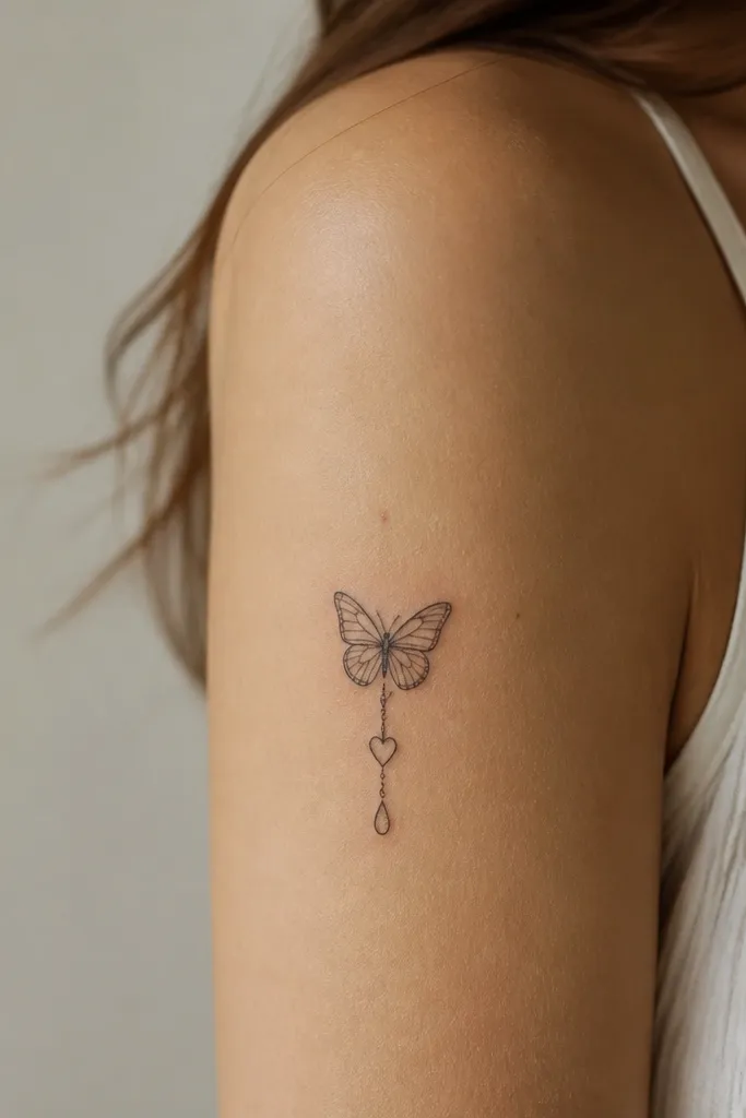 A small butterfly drawn in black linework, with two tiny charm shapes hanging below like a chain - one heart and one teardrop.