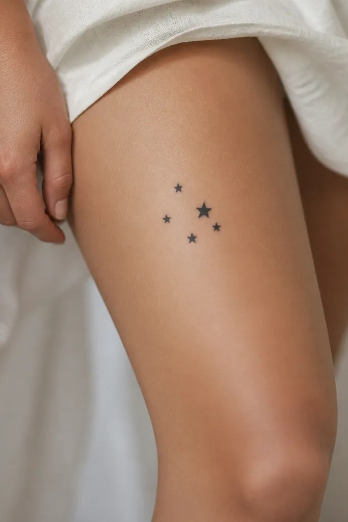 Five small black stars arranged in a loose cluster on the outer thigh above the knee, with one slightly larger star as the focal point.