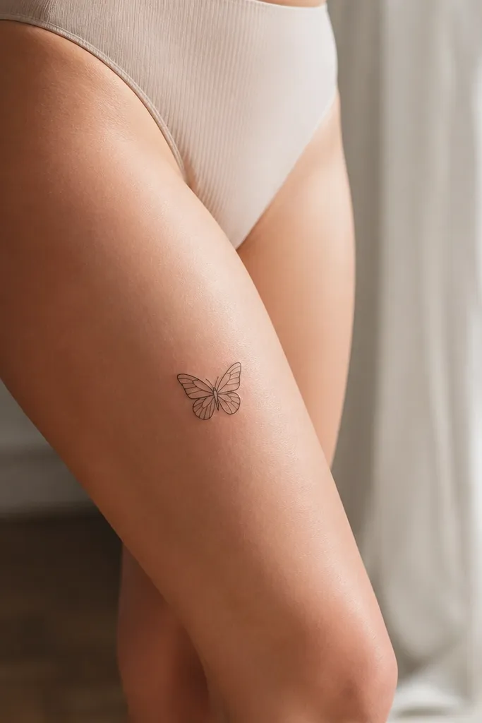 A small black outline butterfly on the front outer thigh above the knee, with simple wing lines and no heavy fill, sized to fit under a handspan.