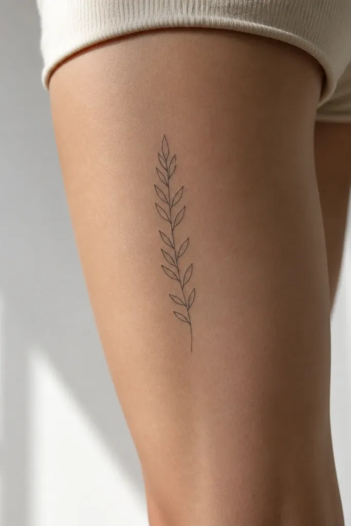 A slim vertical sprig of laurel leaves with a thin central stem on the outer thigh above the knee, leaves alternating left and right in small black outlines.