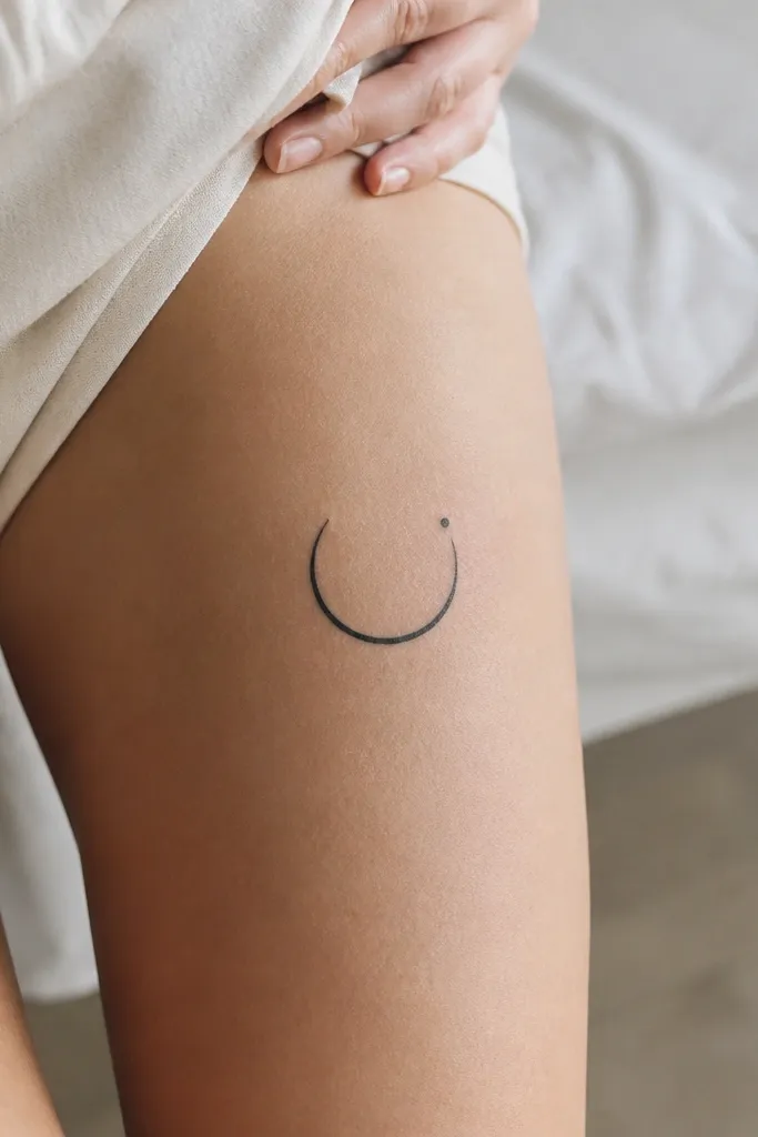 A clean black half-moon arc with a tiny dot at one end, placed on the outer thigh above the knee.