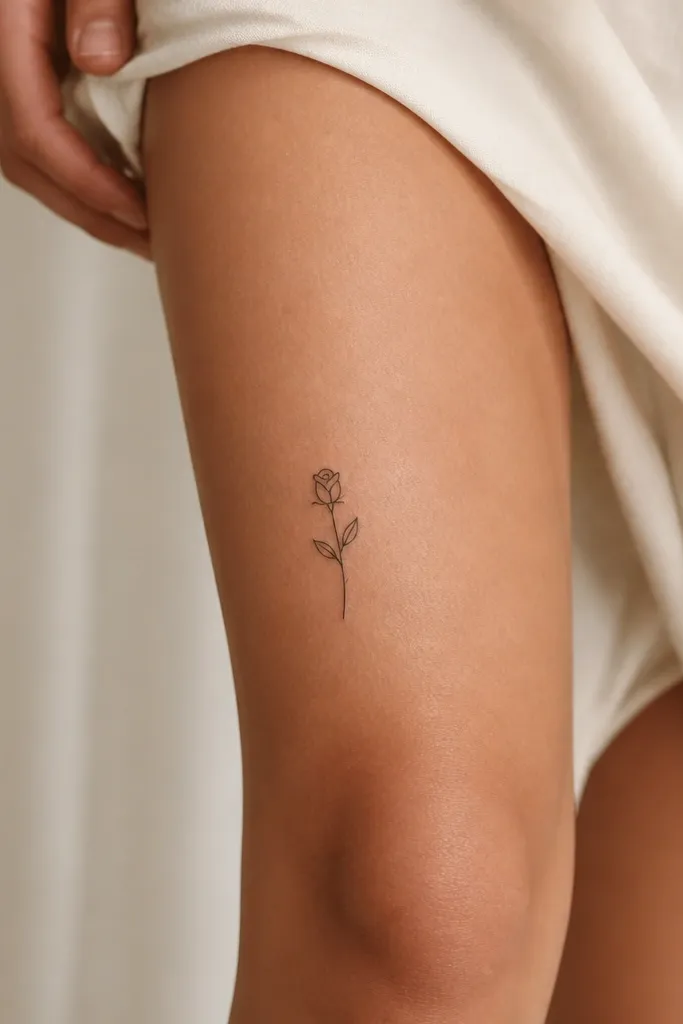 A small rose bud outline with a single stem and two tiny leaves on the outer thigh above the knee, all in black linework.