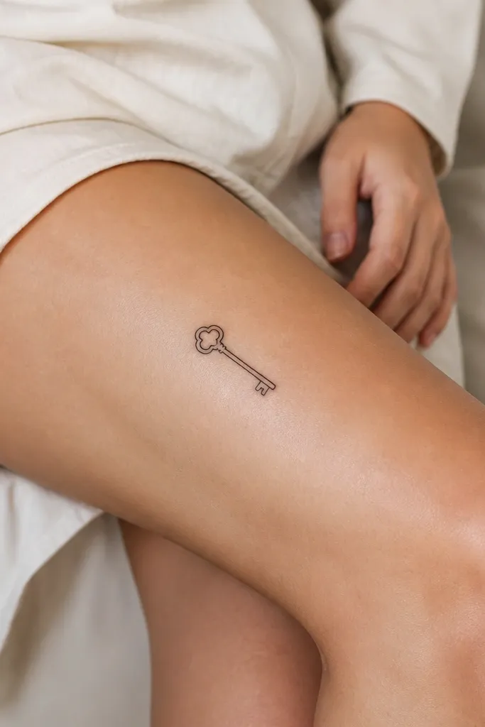 A small black key outline with a rounded bow and a simple bit, placed on the front outer thigh above the knee.