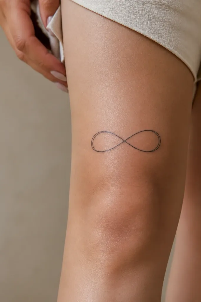 A black infinity symbol drawn in a single continuous line, placed on the outer thigh above the knee with symmetrical loops.