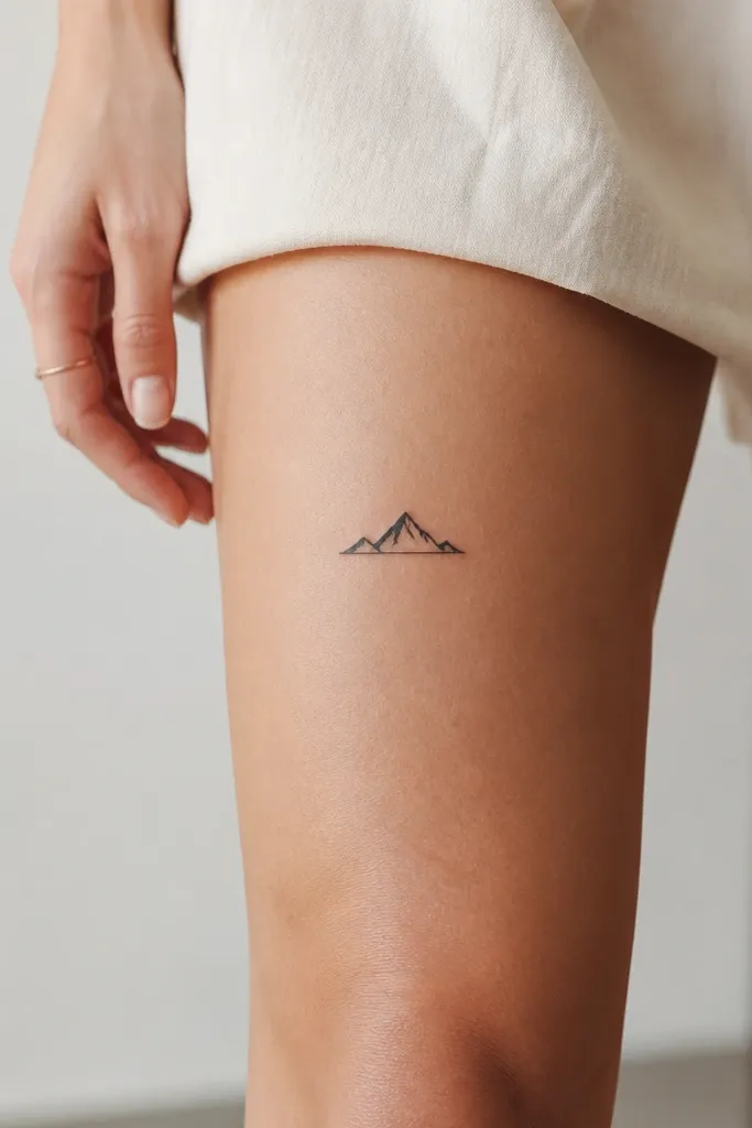 A small black mountain silhouette outline with one peak and a simple flat base, placed on the outer thigh above the knee.