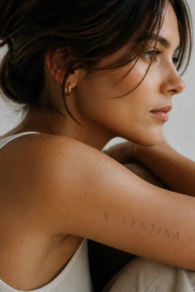 A horizontal thin-lined name in all caps on the outer side of the upper arm, with consistent letter height. Each letter has narrow strokes and clean corners, plus a tiny dot at the end of the name.