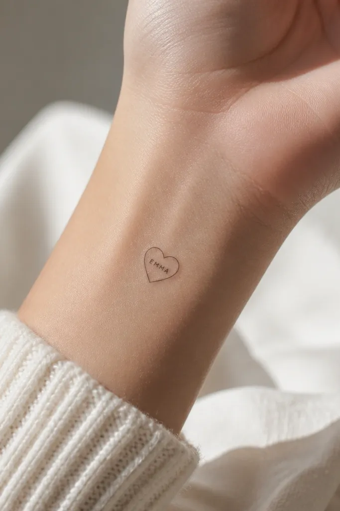 A small fine line heart outline with the name written in tiny letters inside the heart. The heart has clean even line thickness and the internal text stays centered.