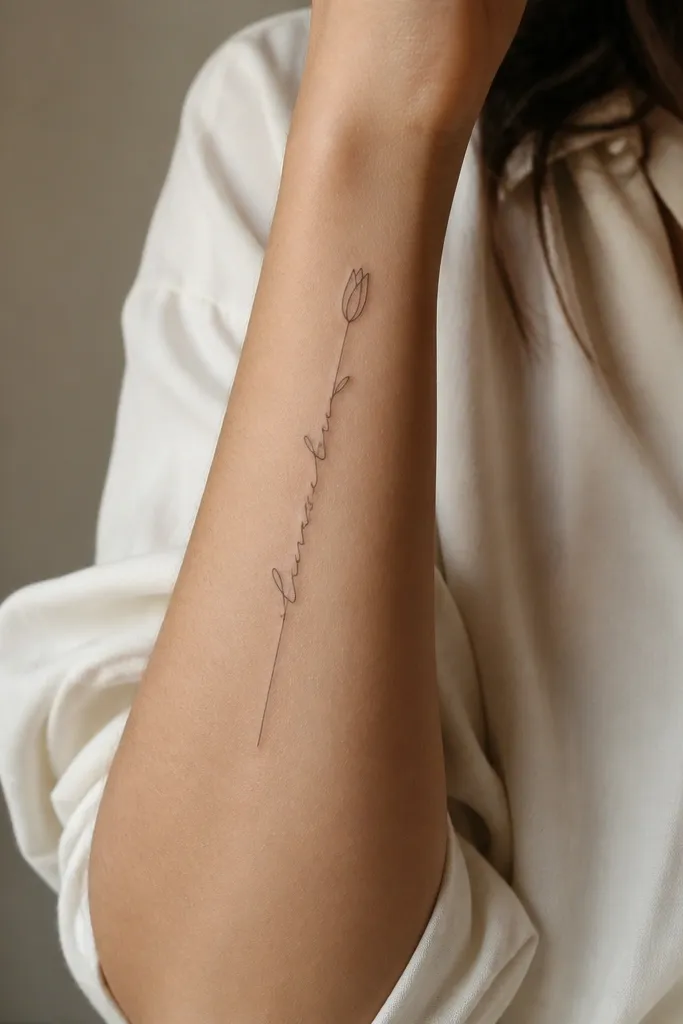 A fine line name on the forearm with a single tiny bud outline at the top end, like a closed flower. The name letters are thin and evenly spaced, with the bud kept minimal.