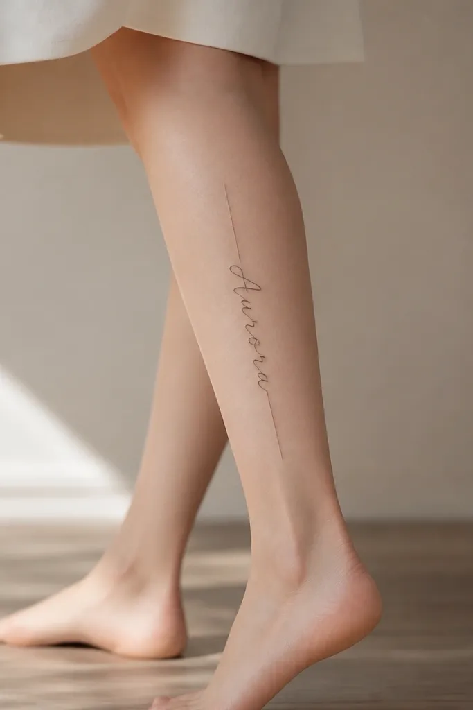 A vertical fine line name on the outer calf, flanked by two thin parallel divider lines that start above the first letter and end below the last letter. The dividers are hairline thin and straight.