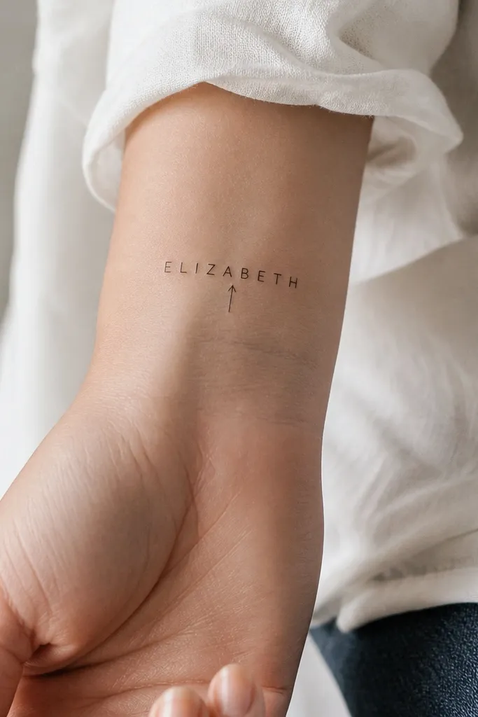 A fine line name across the top of the wrist, in small printed letters, with a tiny arrow mark pointing toward the middle of the name. The arrow is a simple outline, no fill.