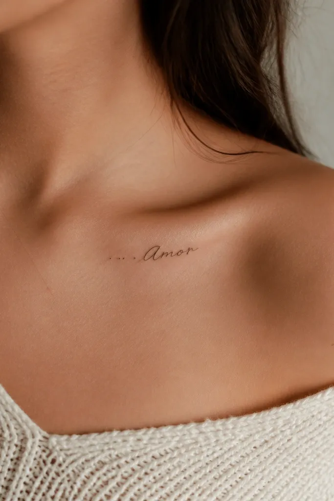 A small name written in fine line near the collarbone, with a short trail of 3-4 tiny dots leading into the first letter. The name is thin and slightly arched to follow the collarbone curve.
