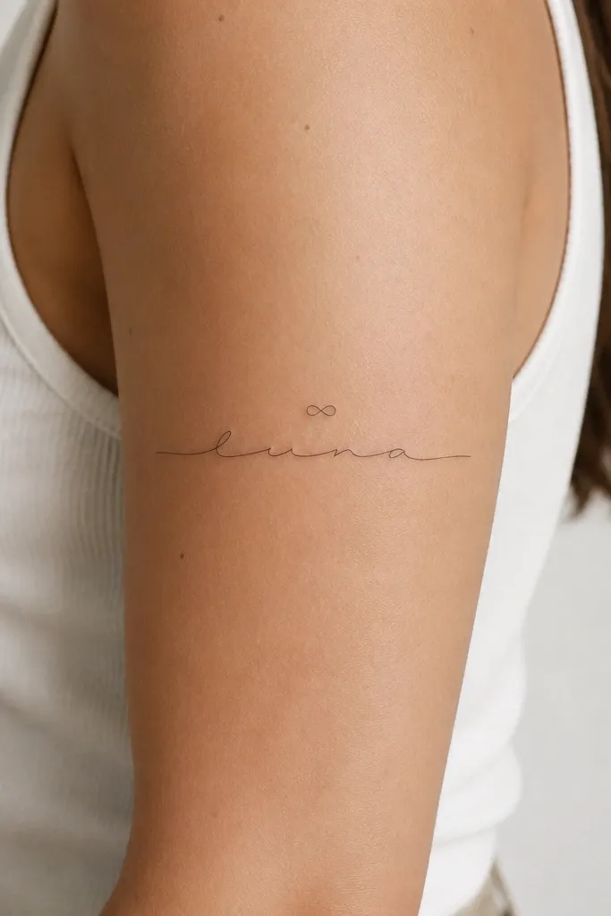 A horizontal fine line name on the outer upper arm with a tiny infinity loop placed above the center of the name. The loop is thin and symmetrical, with no shading.