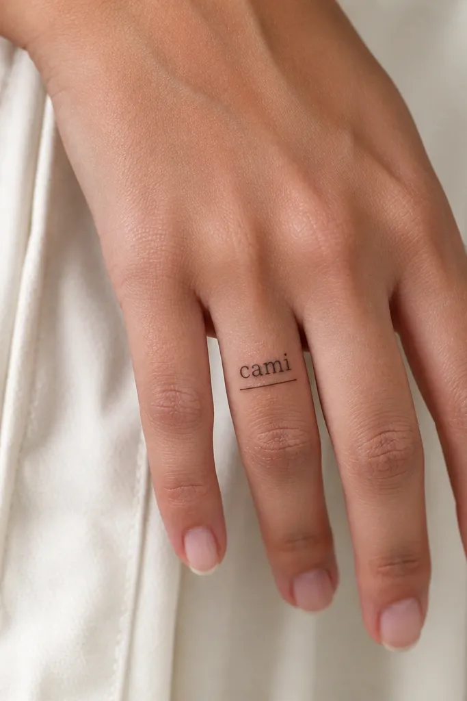 A short name tattoo on the middle finger in black ink. The letters are lowercase with small serifs, plus a thin straight underline that stops before the end of the word.