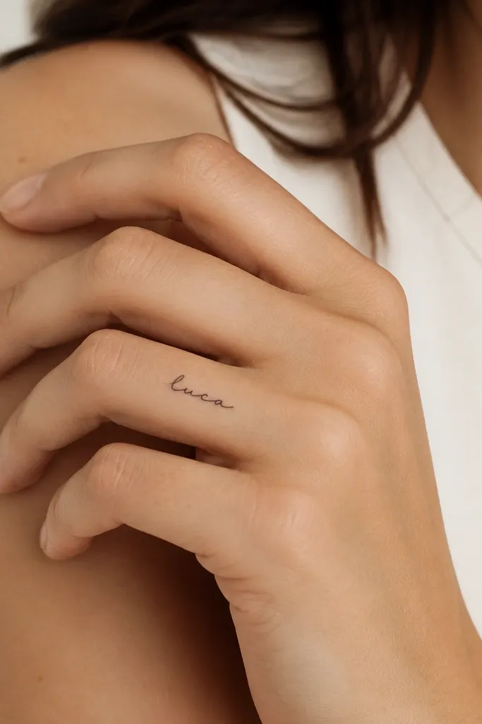 A ring finger tattoo with a very small cursive name in black ink. The script is smooth but has no big loops; the letters look connected with short, controlled strokes.