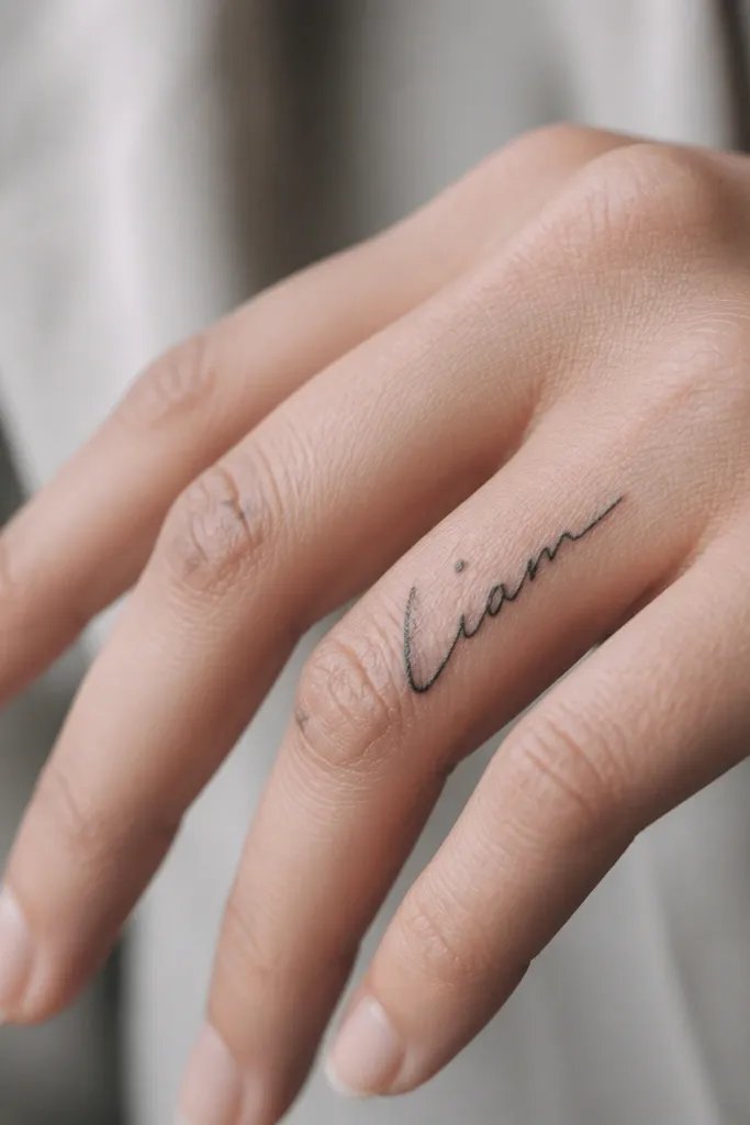 A finger tattoo where the name looks like real handwriting. There's black ink with a single small dot accent near the middle of the word, like a punctuation mark.