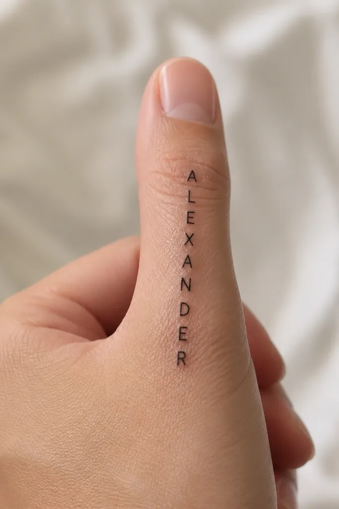 A thumb-side view of the finger with each letter stacked vertically, like a narrow column. The name is black ink, each letter separated by small gaps, no decorative lines.