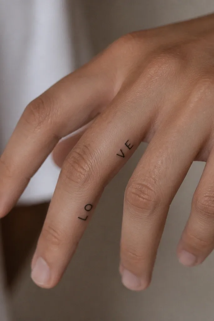 A coordinated tattoo where the name is split between the index and middle finger. Letters flow in a straight line across the side seam between fingers, black ink, simple font.