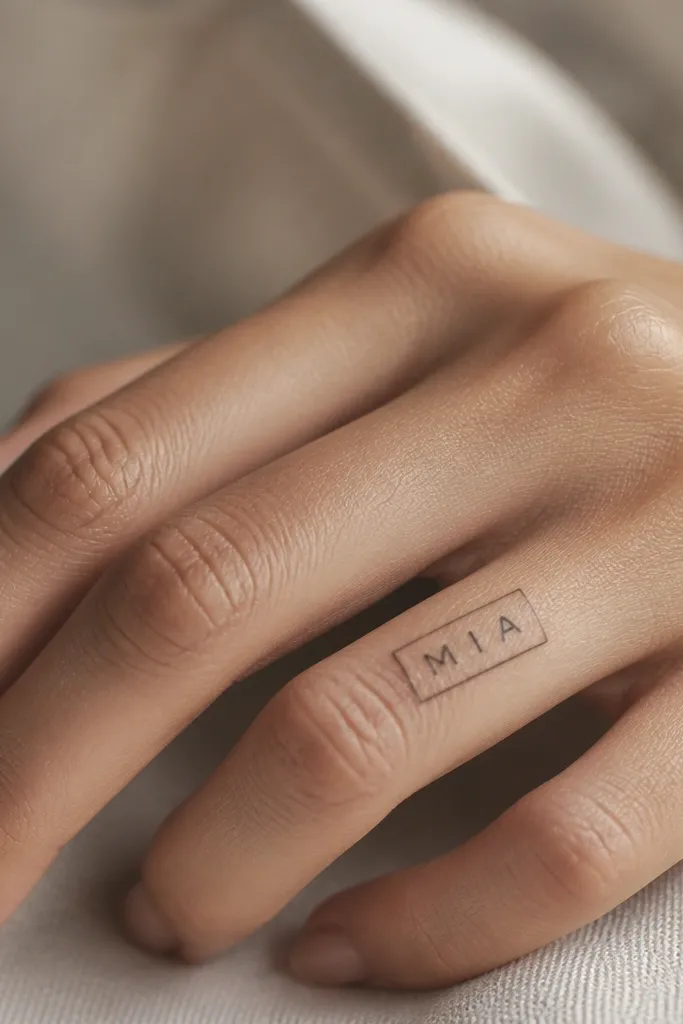 A finger tattoo with a short name in the center, and a thin black outline box or rectangle around it. The letters are simple and the frame is light and minimal.