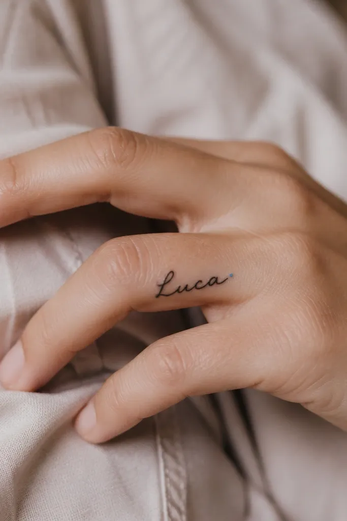 A finger tattoo with a simple black name. Next to one letter is a tiny dot filled with a single color (like pale blue or soft pink), very small and solid.