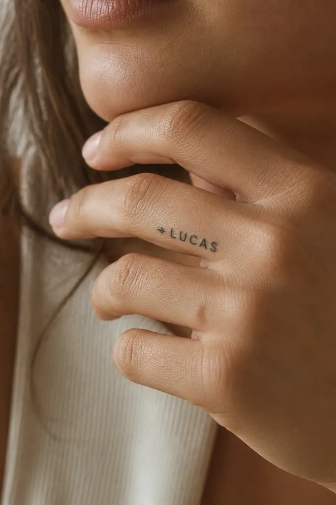 A small tattoo on the index finger in uppercase black letters. At the very start of the name there's a tiny arrow shape pointing right, then the name continues normally.