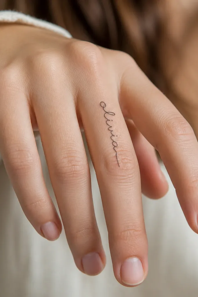 A finger tattoo where the name is a single-weight black line, like monoline hand lettering. The letters are lowercase with smooth curves and no shading, placed vertically on the middle finger.