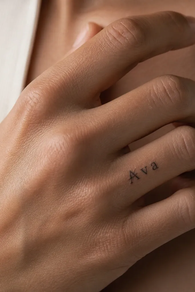 A black name tattoo on the ring finger. The first letter has a single thin slash across it, like a diagonal mark. No other decorations.