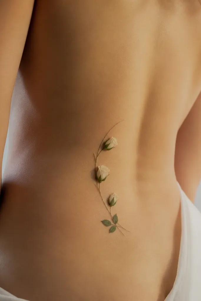 Three small cream rosebuds stacked along a gentle arc on the lower back, with tiny green leaves and a thin line that suggests a vine curve.