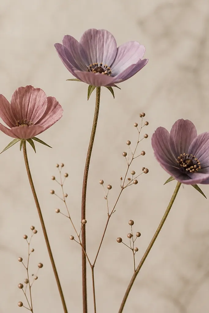 A trio of small wildflowers in dusty mauve and soft purple with thin stems, plus a few tiny seed-like dots scattered between blooms.