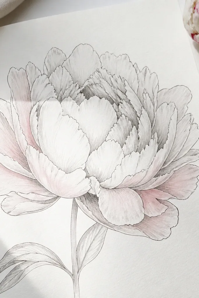 A peony drawn mostly in fine linework with a minimal blush wash in the outer petals and a pale highlight on one side.