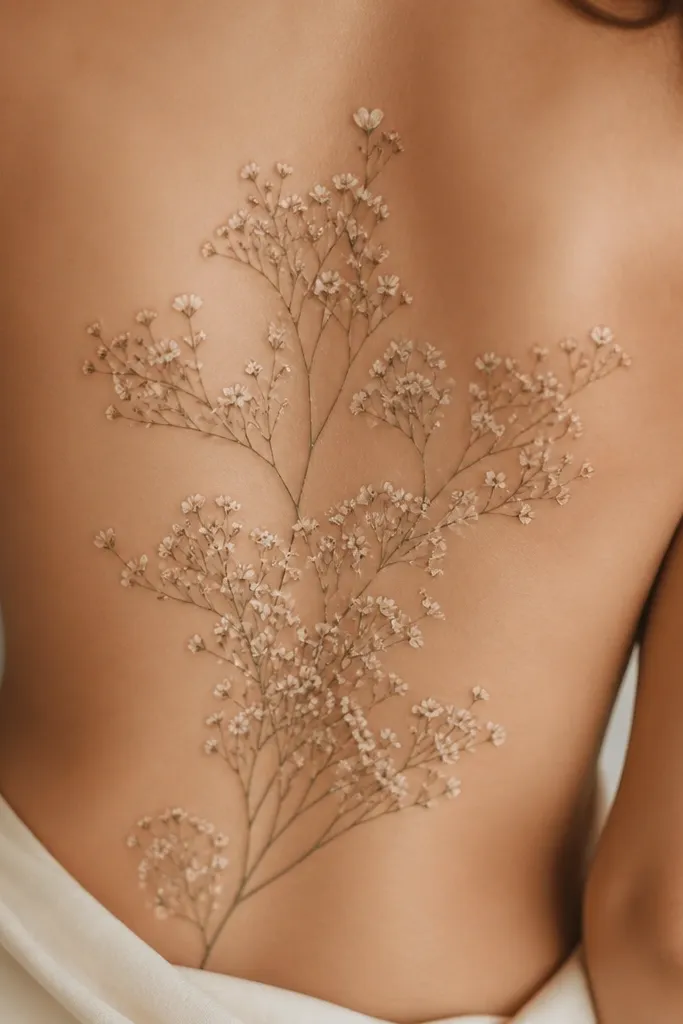 A baby's breath style spray across the upper lower back with lots of tiny white-like dot blossoms and a few bud shapes that resemble small hearts.