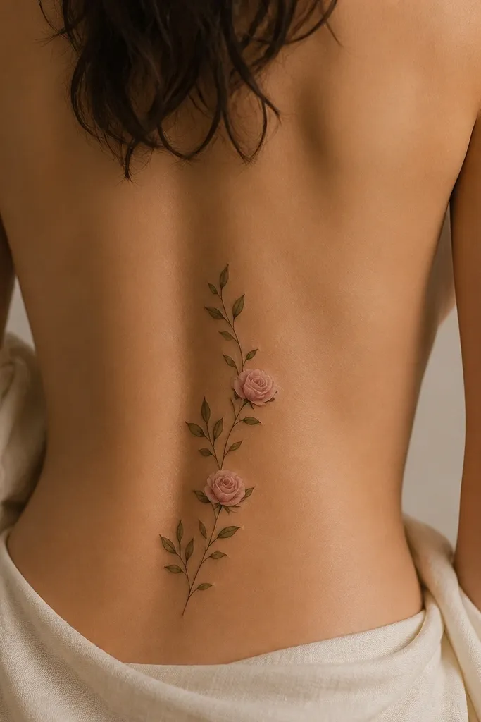A thin vine across the upper lower back with olive green leaves and two small blush roses, one slightly higher than the other.