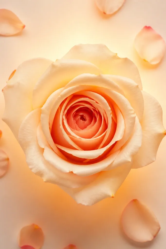 A rose at the center with a small warm glow effect radiating outward in soft cream and faint orange, plus tiny petal tips around it.