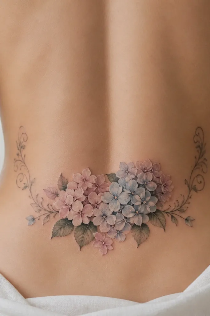A small hydrangea cluster with pale blue shading mixed with blush pink petals, framed by curling vine ends at the top corners of the lower back.