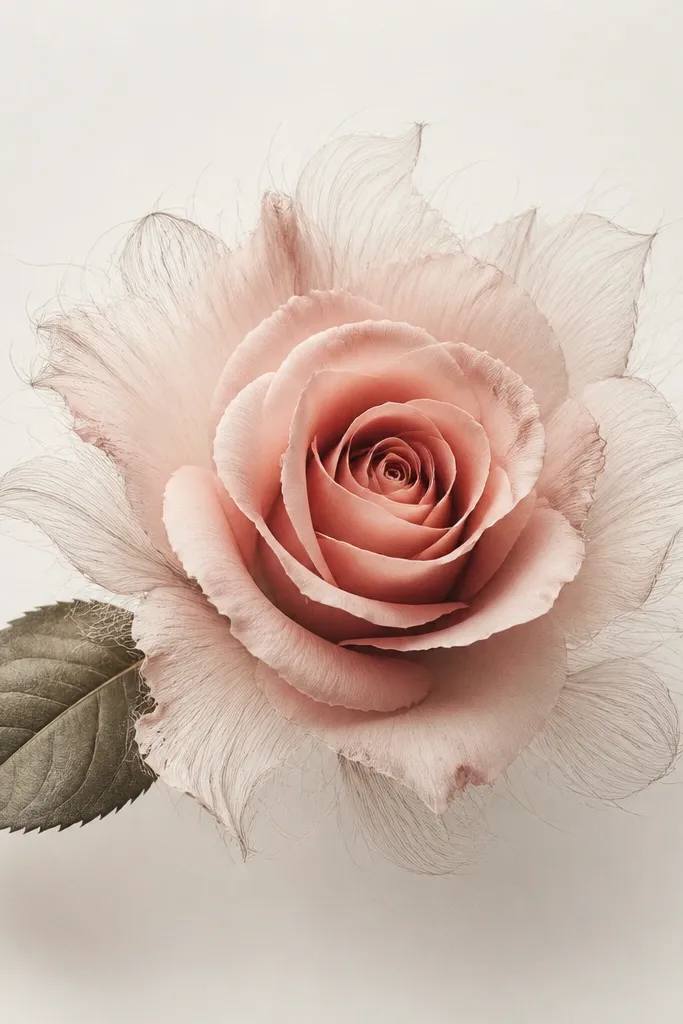 A single rose at the center with feathered petal edges, where the outer petals fade into fine linework, plus a small leaf on one side.