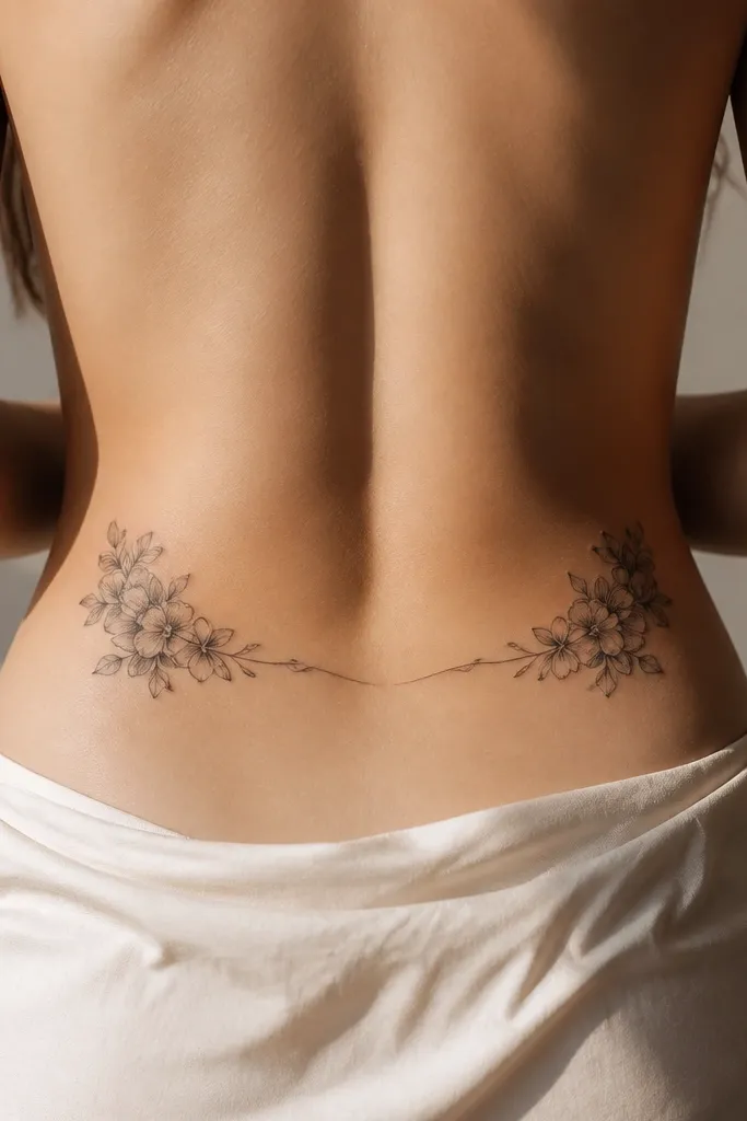 Two small floral clusters at the upper corners of the lower back, connected by a thin vine line, leaving a clear negative space in the center.