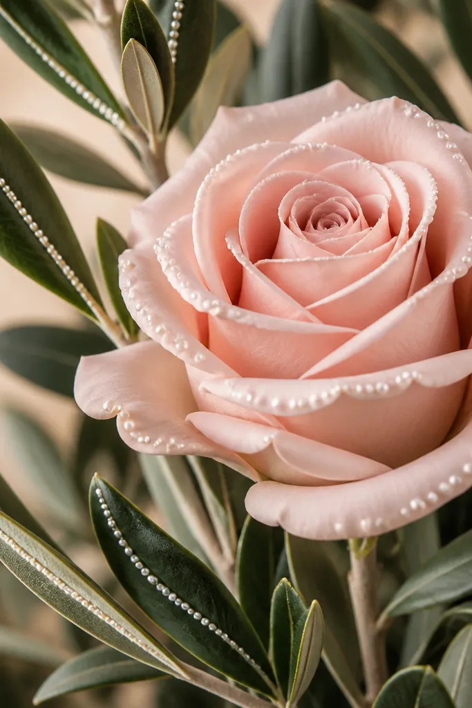 A rose with olive leaves and several tiny pearl-like white dot highlights placed on petal edges and leaf veins.