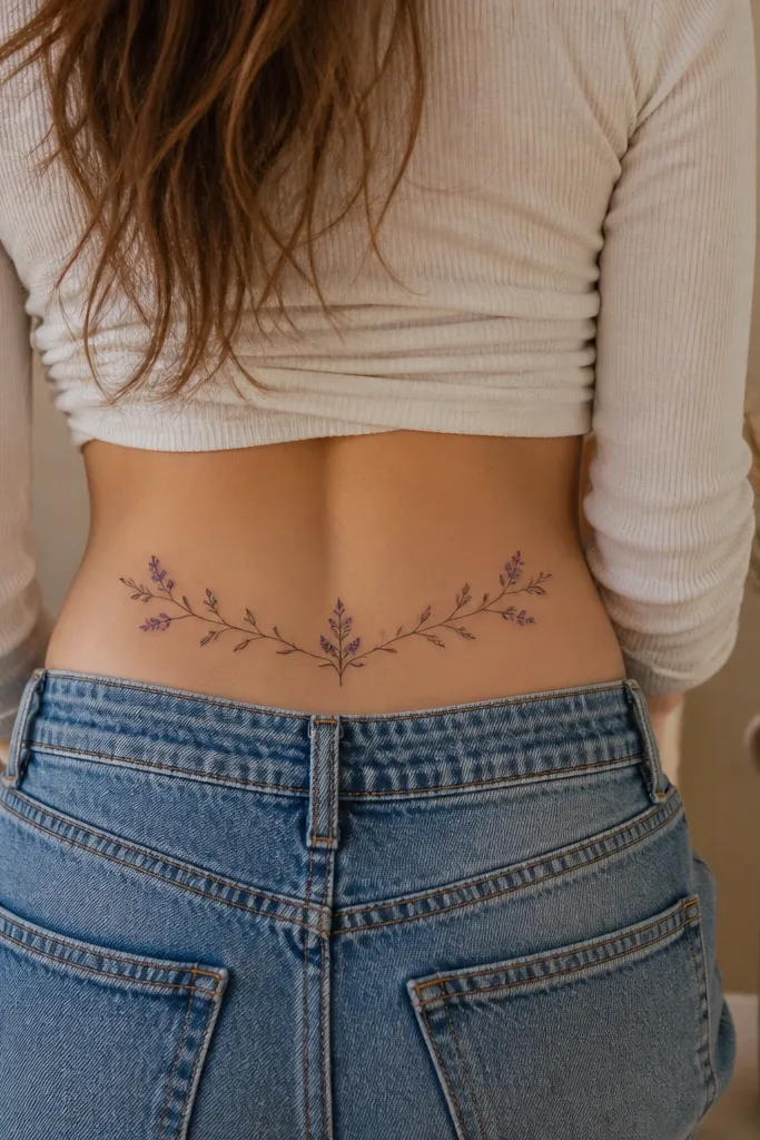 A thin vine tattoo arcs across the upper hips with small lilac buds at the outer curve, each bud outlined in soft lavender with tiny green leaflets.