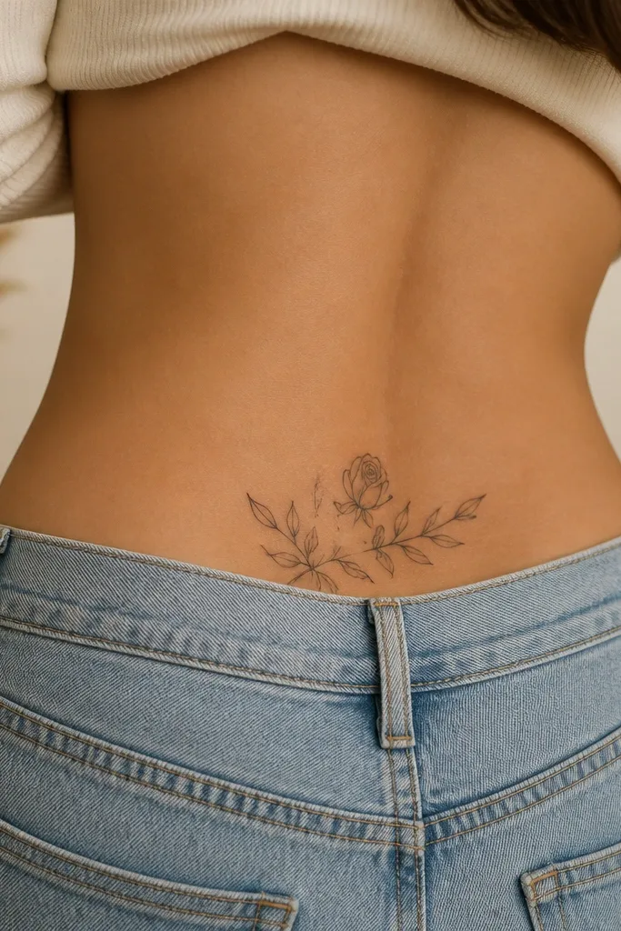 A small rosebud sits near the center upper hips, with a fan of fine leaves sweeping outward to the left and right like a semicircle.
