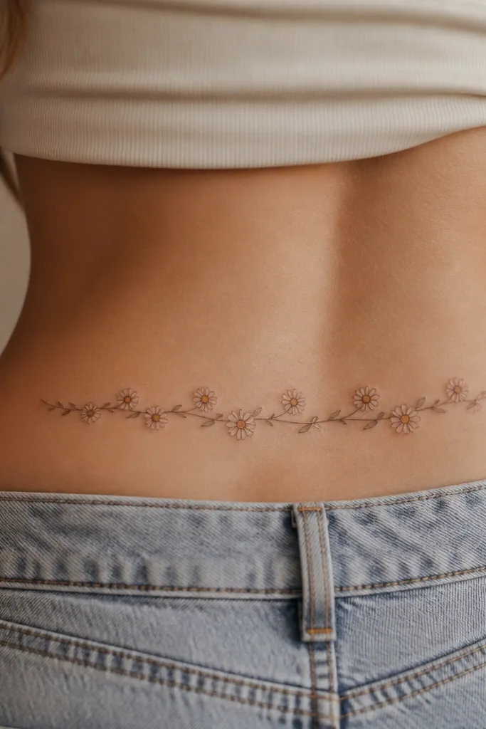 A repeating chain of small chamomile-like flowers runs along a thin stem across the upper hips, with yellow centers and tiny white-petal outlines.