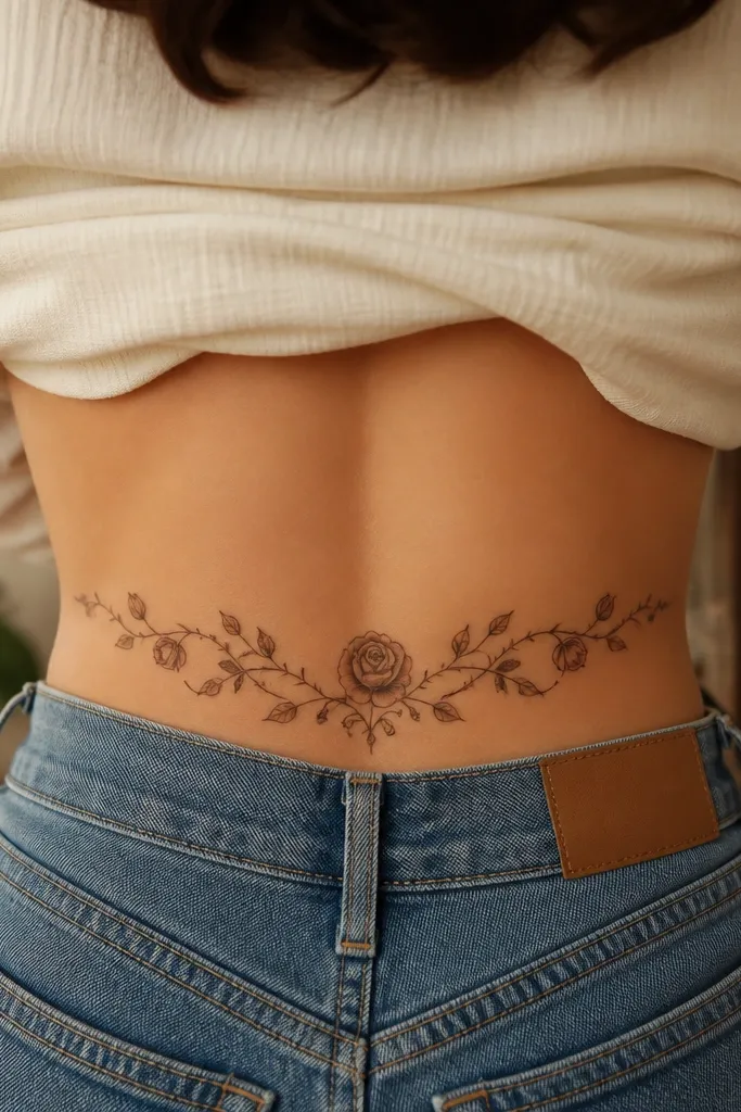 A rose vine wraps in a gentle arc with one small rose bud, curved thorn marks, and baby leaves in fine linework.
