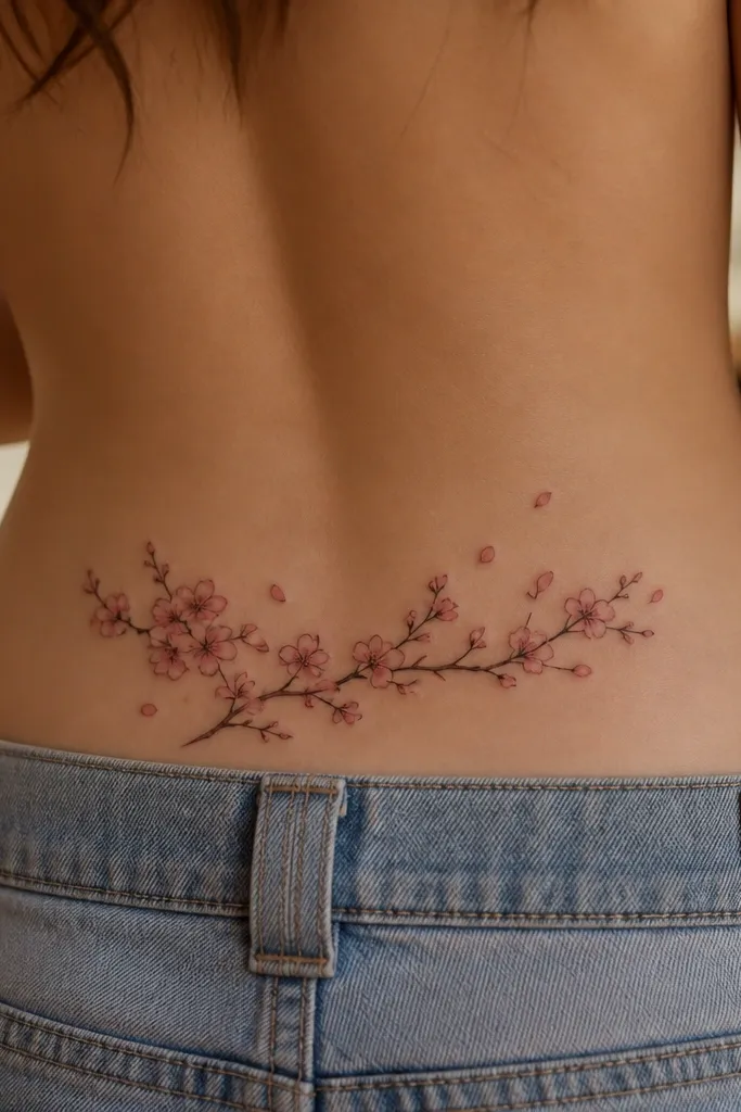 A cherry blossom branch curves across the upper hips with pale pink blossoms and a few petal silhouettes drifting downward toward the spine.