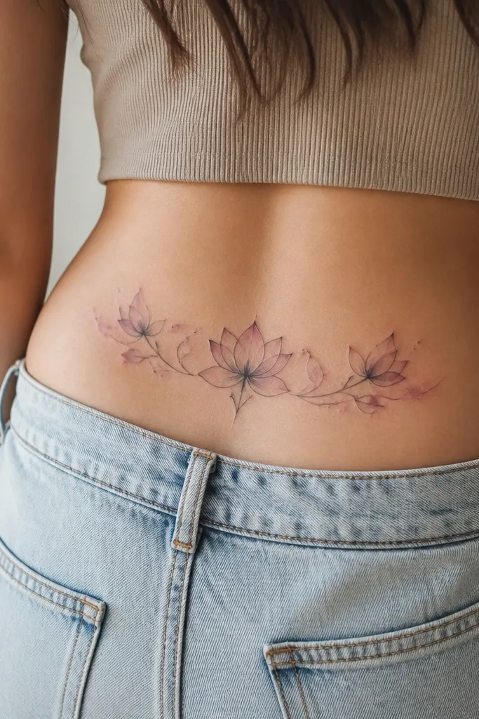 Two lotus buds sit along a curved line, each with petal edges that fade into pale teal and soft pink, plus tiny leaf tips in green.