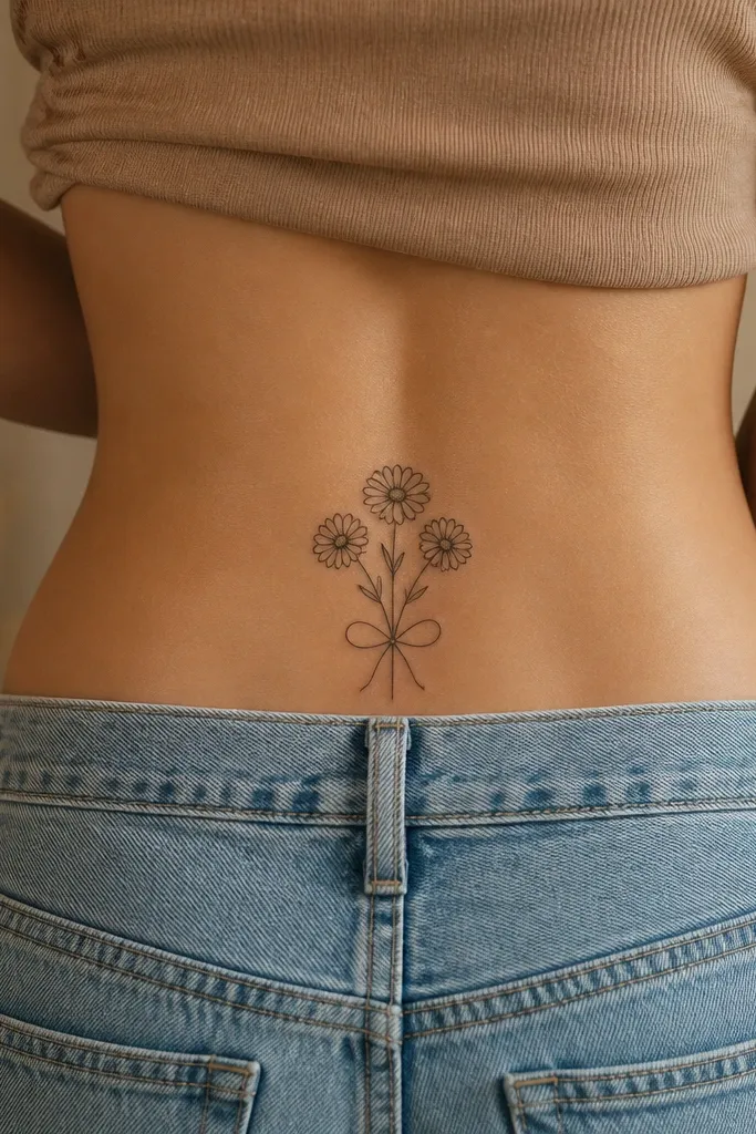 Three daisies form a loose bow shape on the upper hips, with two stems curling inward and one stem leading to a small leaf cluster.