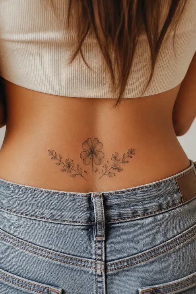 Clover-like leaves spread across the upper hips, each leaf paired with a tiny mini floral bloom in pale pink or pale yellow at the tips.
