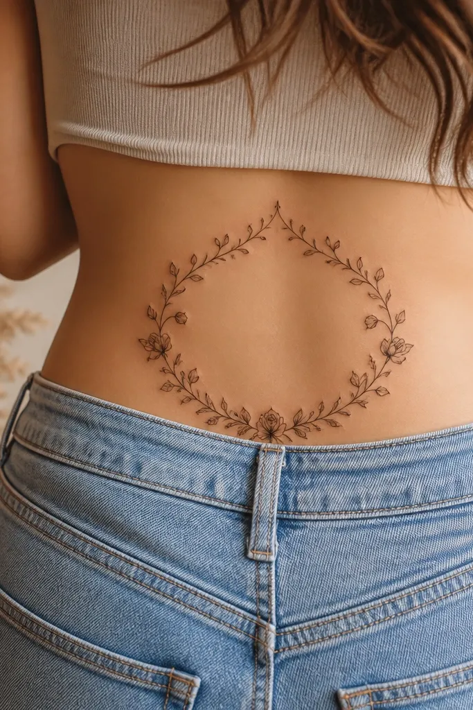A thin vine outlines a gentle rectangle on the upper hips, with tiny rosebuds tucked into the corners and small leaf sprigs along the sides.