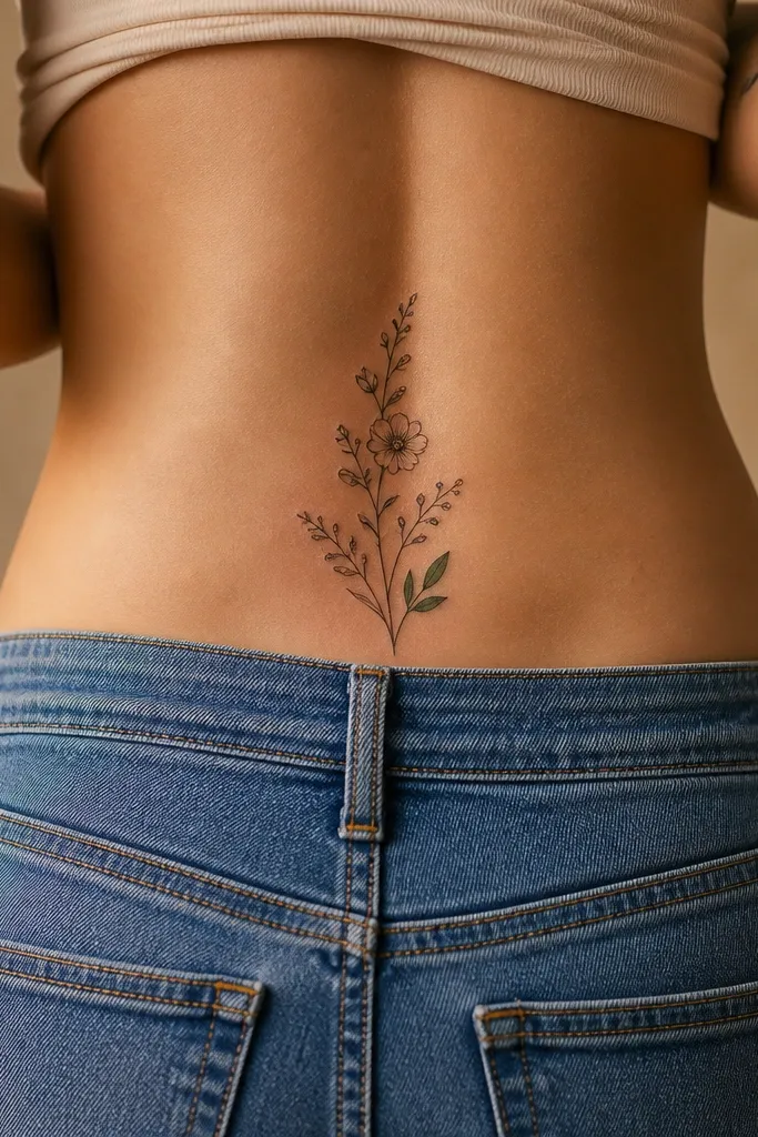 Mostly black botanical linework spreads across the upper hips, with one single leaf filled in deep green near the outer hip and small flower outlines near the spine.