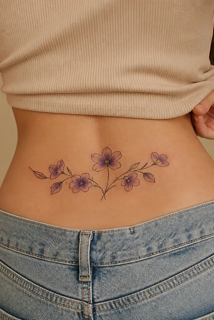 Three violet blossoms arc across the upper hips, each with deep violet ink wash inside petals and crisp black outlines, plus tiny green leaflets.