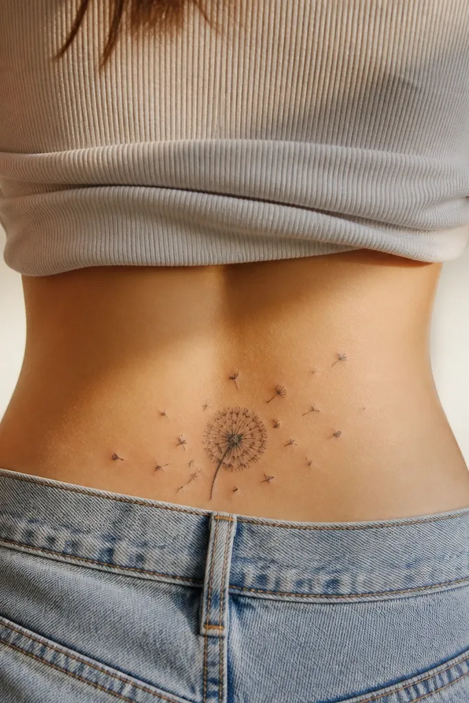 A dandelion clock head sits near the center upper hips with thin stem lines, and tiny scattered petal specks drift across both sides toward the hip bones.