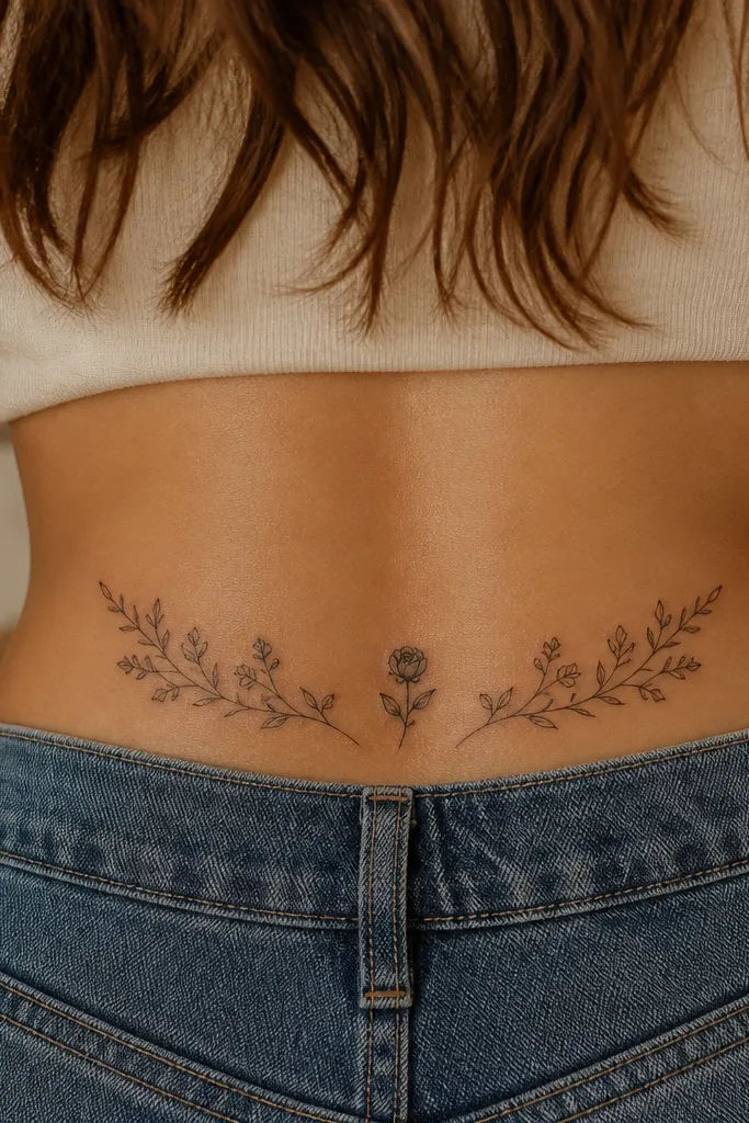 A center rosebud sits on the upper hips, while two botanical sprigs sit in the left and right corners made of small leaves and micro flowers.