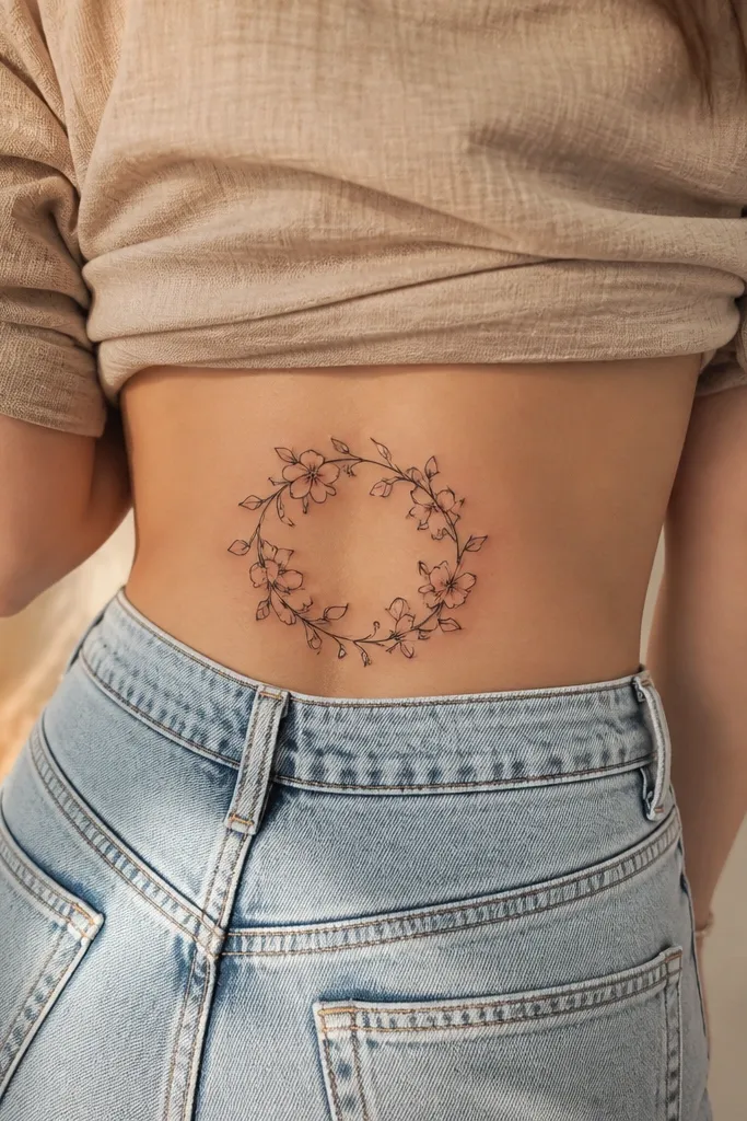 A ring-like blossom cluster sits on the upper hips, with peach petals around an empty negative space center, and a thin vine anchoring the ring.